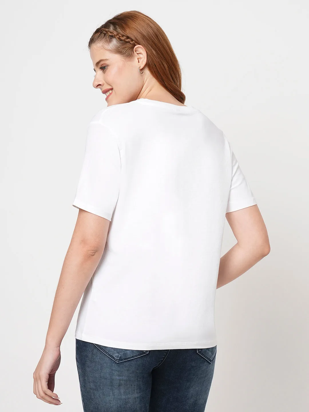 Women Slim Fit White Boxy T-Shirt Chest Print