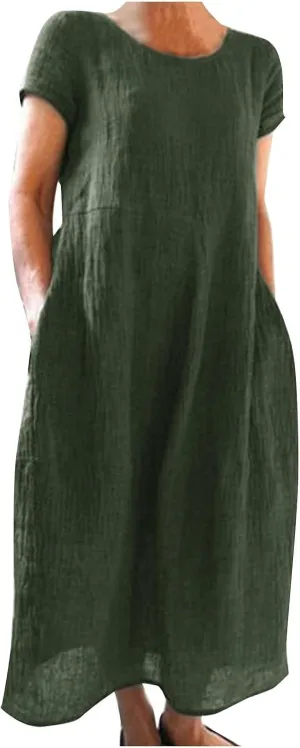 Women Summer Dress Cotton Linen Crewneck Short Sleeve Tunic Curvy Casual Plain Beach Vacation Plus Size Midi Sundress