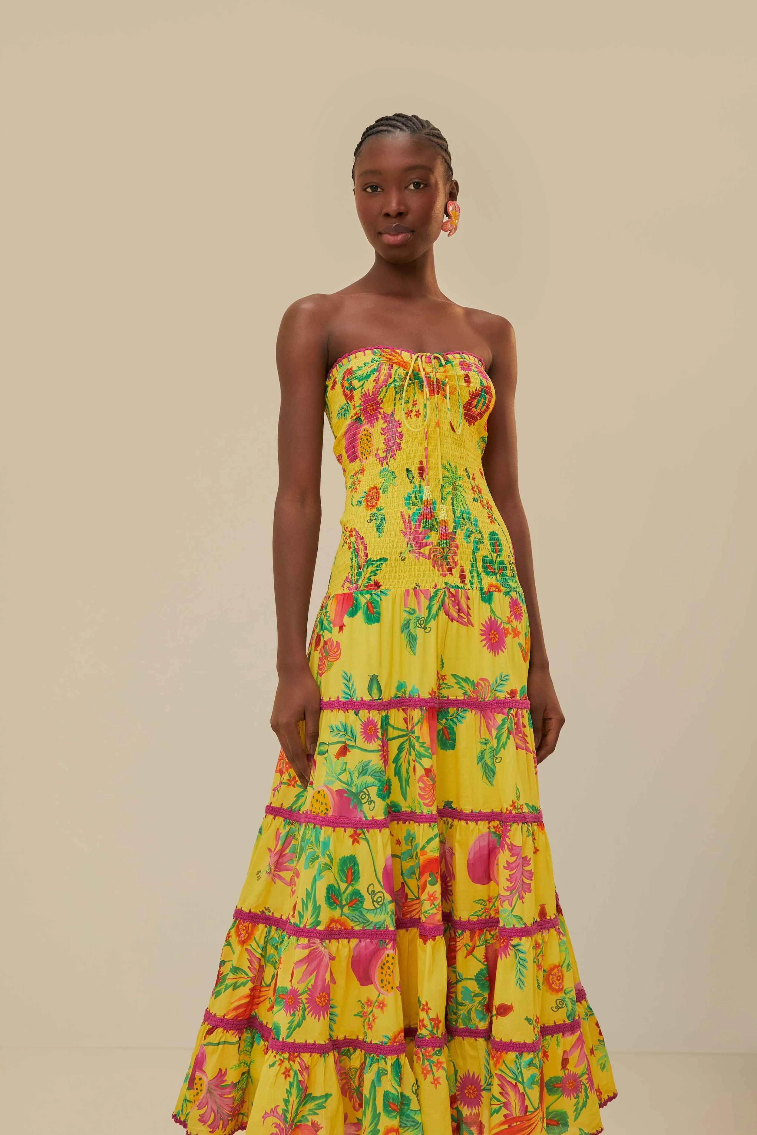Yellow Delicate Fruit Garden Smocked Maxi Dress