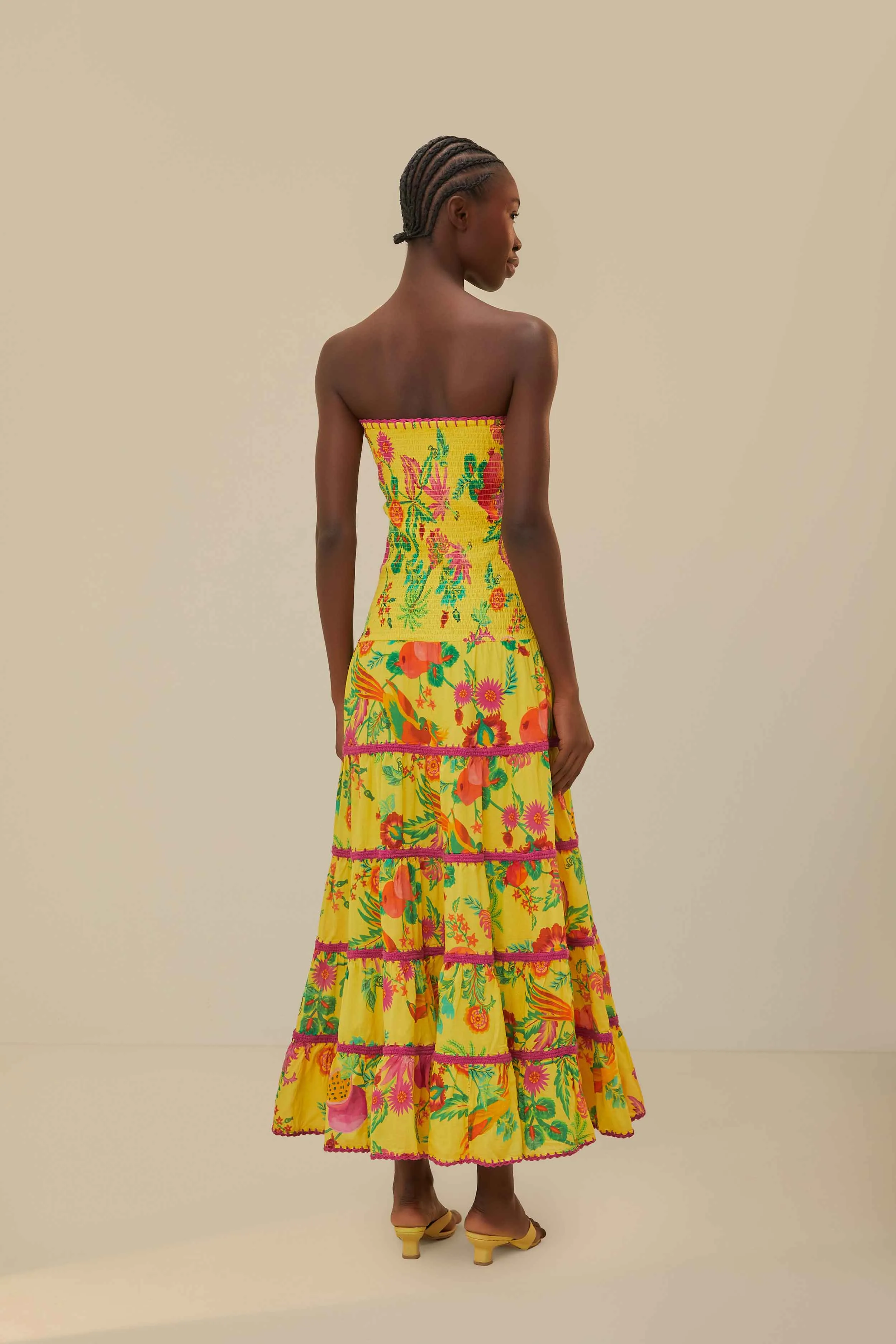 Yellow Delicate Fruit Garden Smocked Maxi Dress