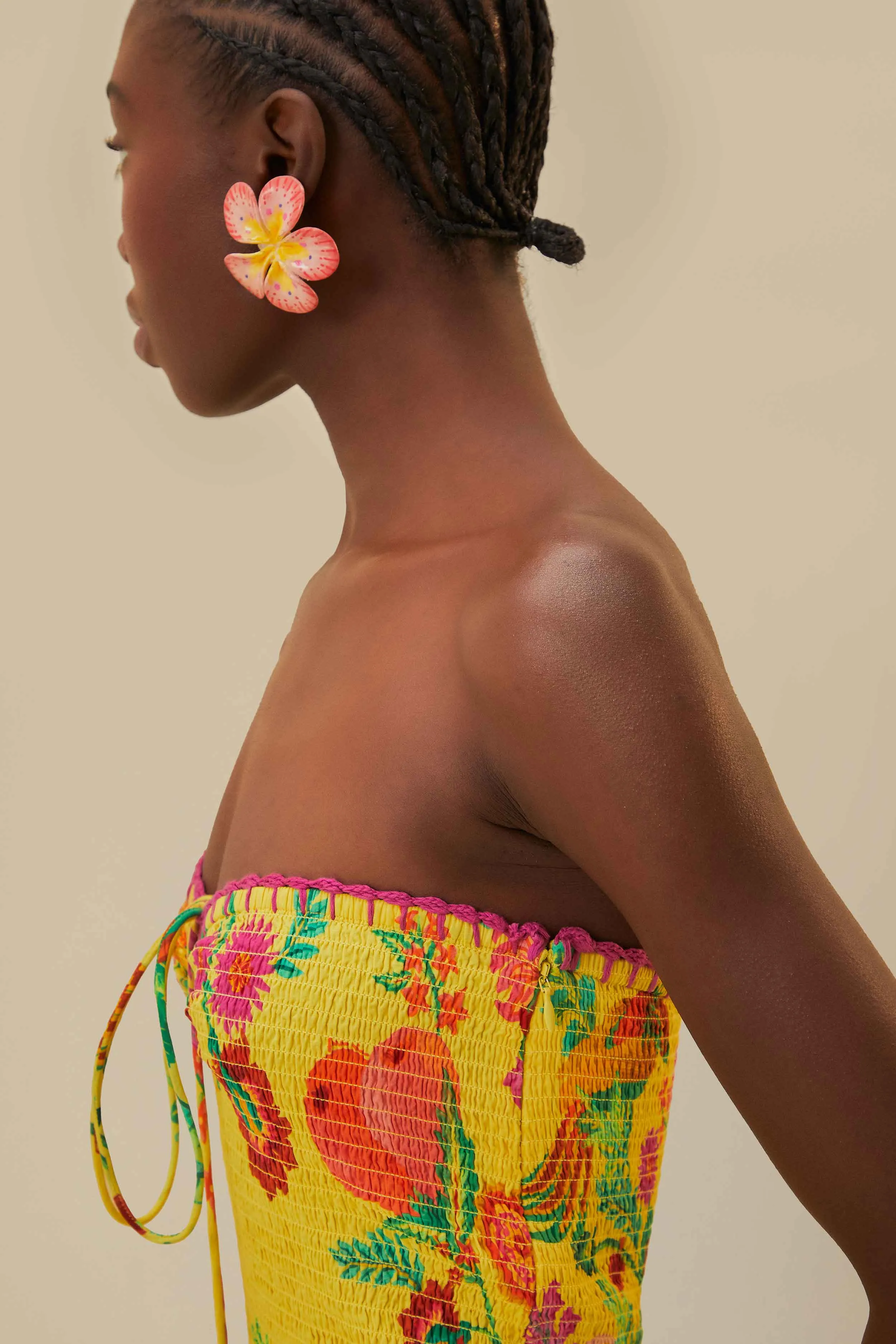 Yellow Delicate Fruit Garden Smocked Maxi Dress